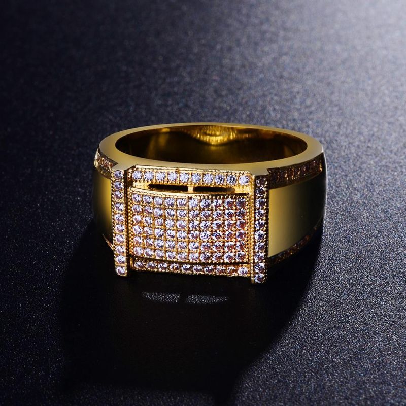Wedding Shiny Ladies 925 Sterling Silver 5 Cubic Zirconia Diamond Rectangle Hip Hop 24K Gold Plated Rings for Men