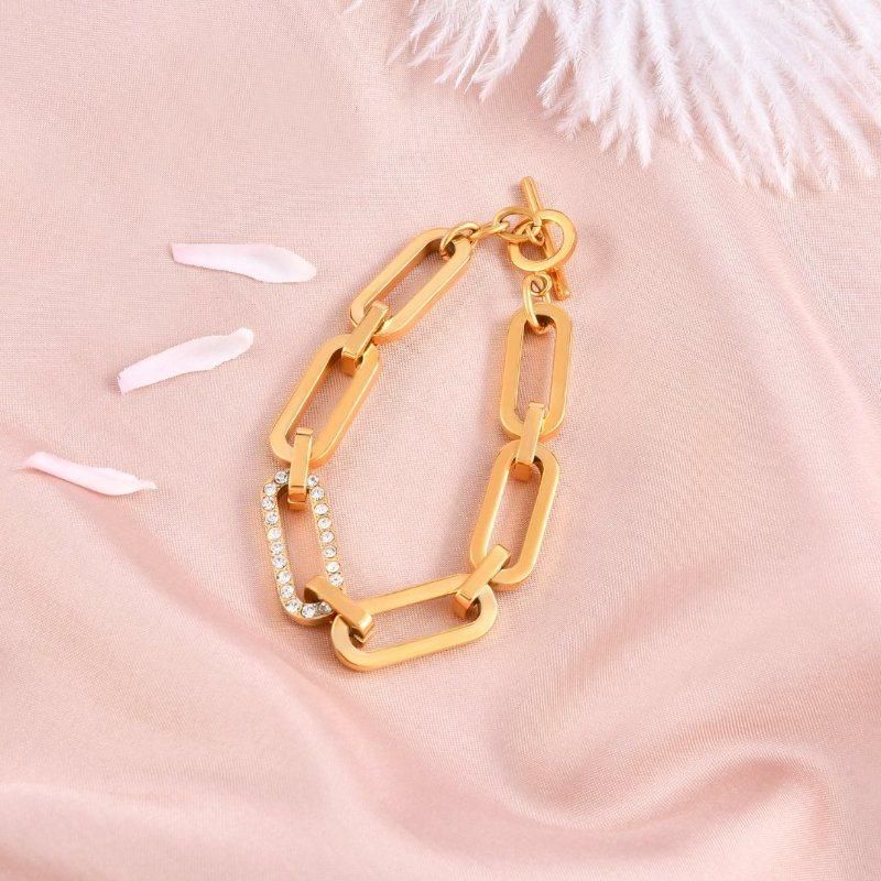 Gold Plated Not Allergic Thick Paper Clip Bracelet with Zircon Stone/ Crystal for Ladies Women