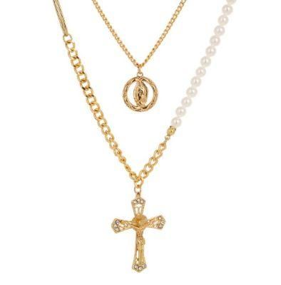 Personality Cross Portrait Pendant Double Cascade Wear Necklace Spliced Pearl Choker