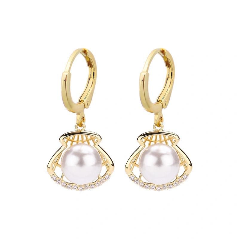 Enew Arrival Handmade 18K Gold Plated Alloy Shell Dangling Drop Huggie Earrings with Crystal Glass and Big Pearl for Women