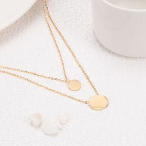 Stainless Steel Gold-Plated Double Layer Glossy Round Brand Pendant Necklace