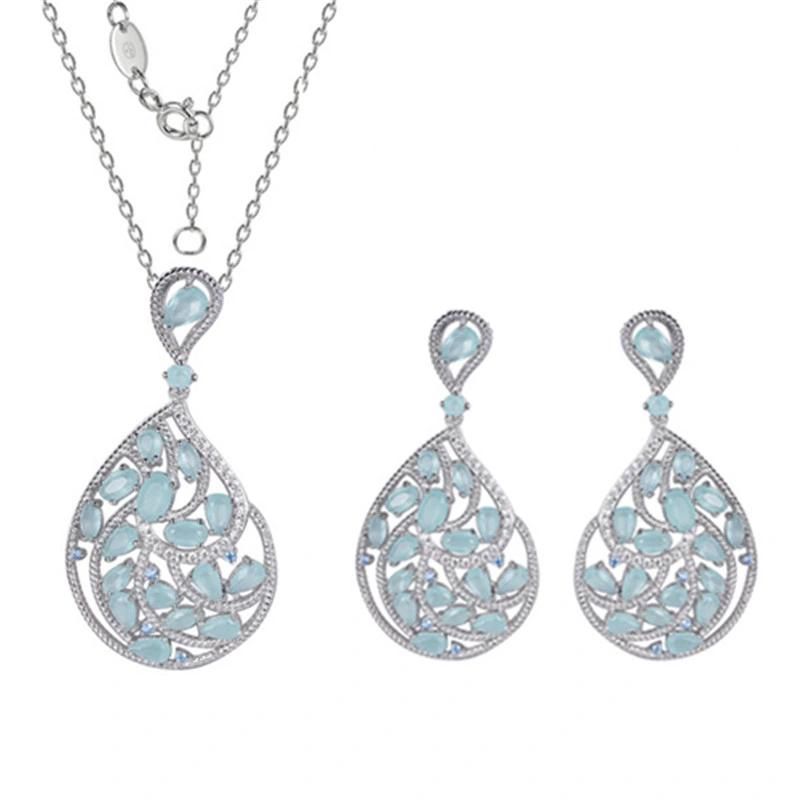 2022 Fashion Silver or Brass Blue Glass Flower Earring Pendant Female Jewelry Set