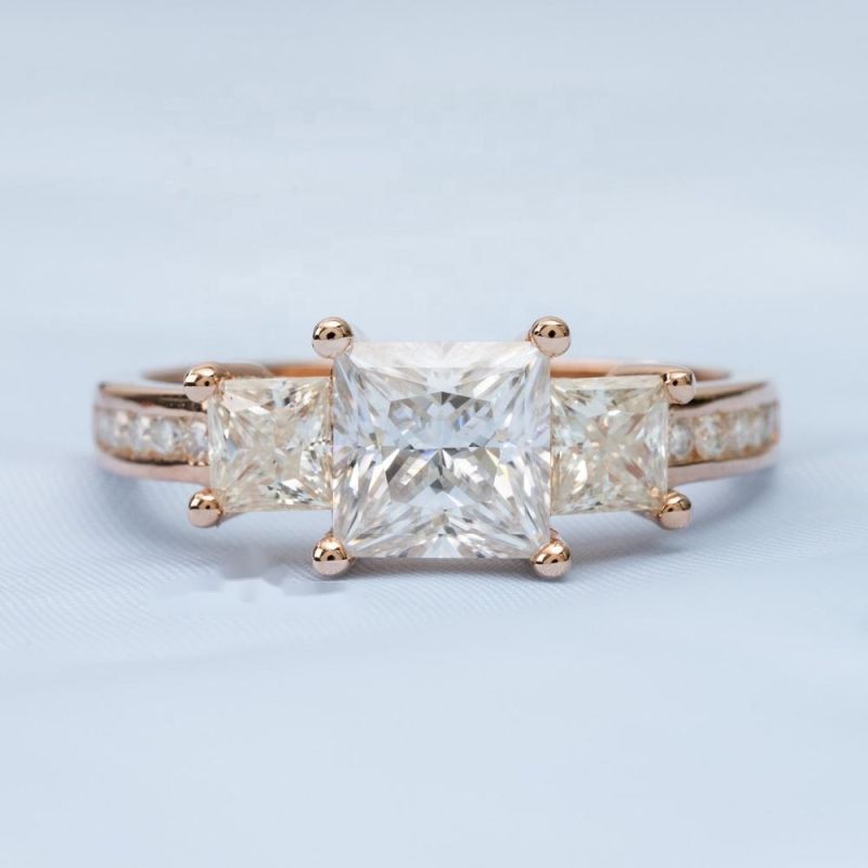 Ew Design S925 Square Princess Cut Three Stone Diamond Moissanite Jewelry Rings
