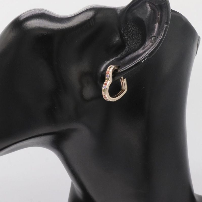 Colored Zircon Inlaid 18K Gold Plated Women′s Heart Earrings