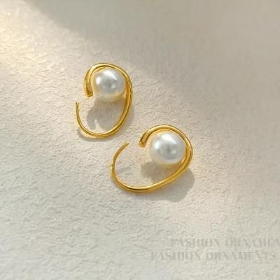 18K Gold Baroque Korean Temperament Irregular Geometric Circle Pearl Stud Fashion Earrings