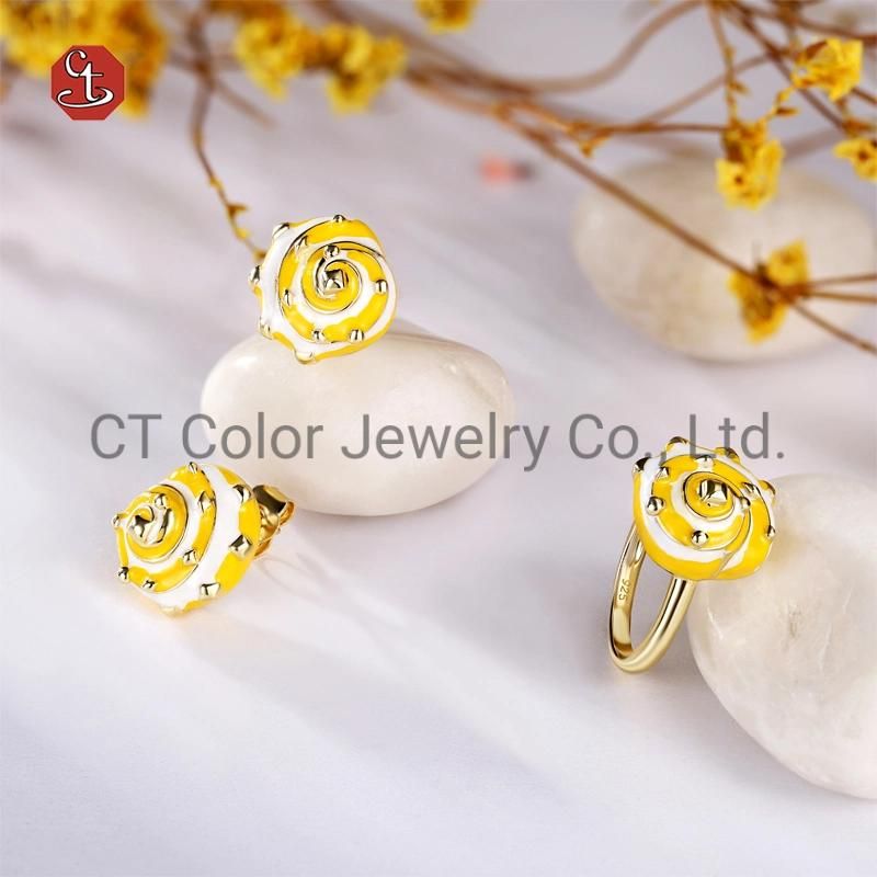 Fashion 925 Silver Jewelry Butterfly Flower Shape Enamel Pale Yellow Glass Stone Ring