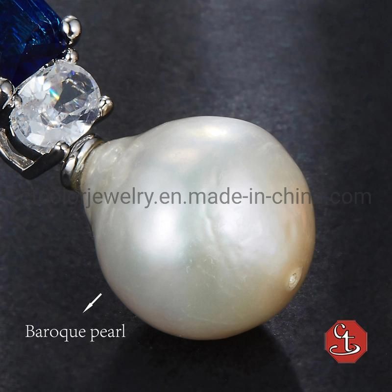 White Baroque Pearl Silver or Brass Earrings Blue CZ Stud Earrings Freshwater Pearl Drop Earring