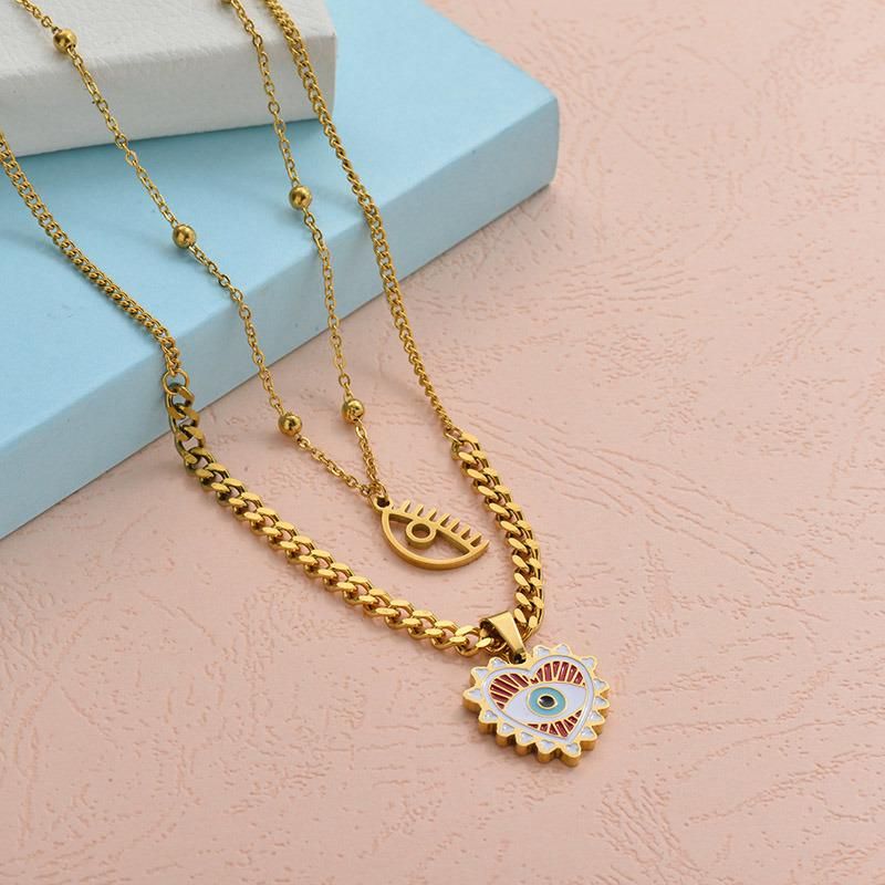 Blue Rhinestone Evil Eye Necklace Gold Necklace Stainless Steel Necklace