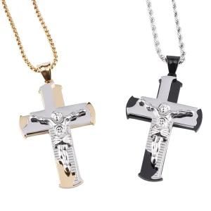 Gold Plated Stainless Steel Two Tone Cross Jesus Pendant Necklace