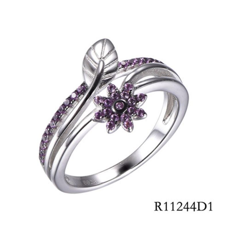 Leaf & Flower Sterling Silver with Color Stones Ring