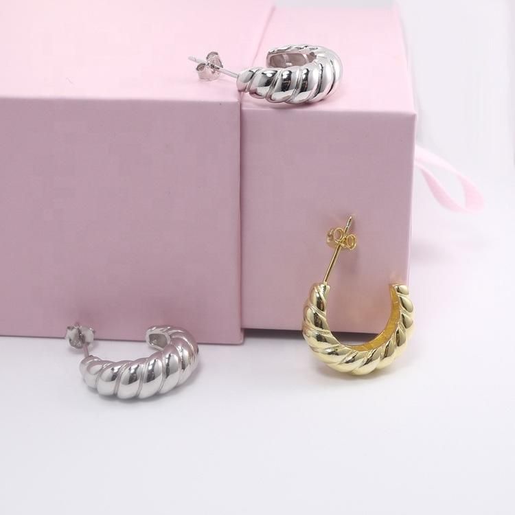 Aiz Jewelry Custom Fashion Designer Women Simple Jewellery 925 Sterling Silver Twisted Dome 18K Gold Croissant Hoop Stud Earrings