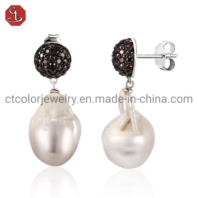 Fashion Jewelry Coffee cz Baroque Pearl 925 Sterling Silver Stud Earring