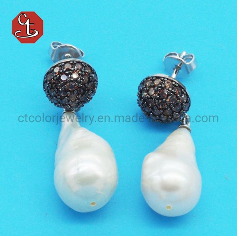 Classic Coffee Zircon Hang Baroque Pearl Wedding Drop Earrings For Women Crystal Bride Party Jewelry Gift
