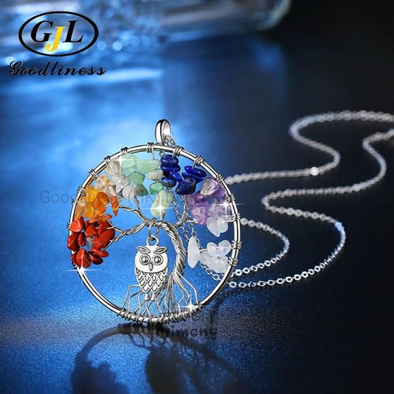 Owl Pendant Colorful Crystal Gravel Tree of Life Necklace