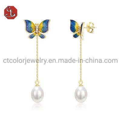 Fashion Jewelry Accessories 925 Sterling Silver 18 Gold Plated Enamel Butterfly and Pearl Earring