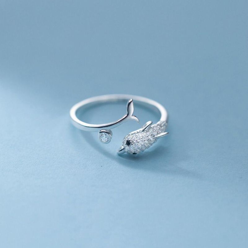 925 Sterling Silver Ring Cute Animal Dophin with Zircon Adjustable Ring for Women Engagement Fine Jewelry