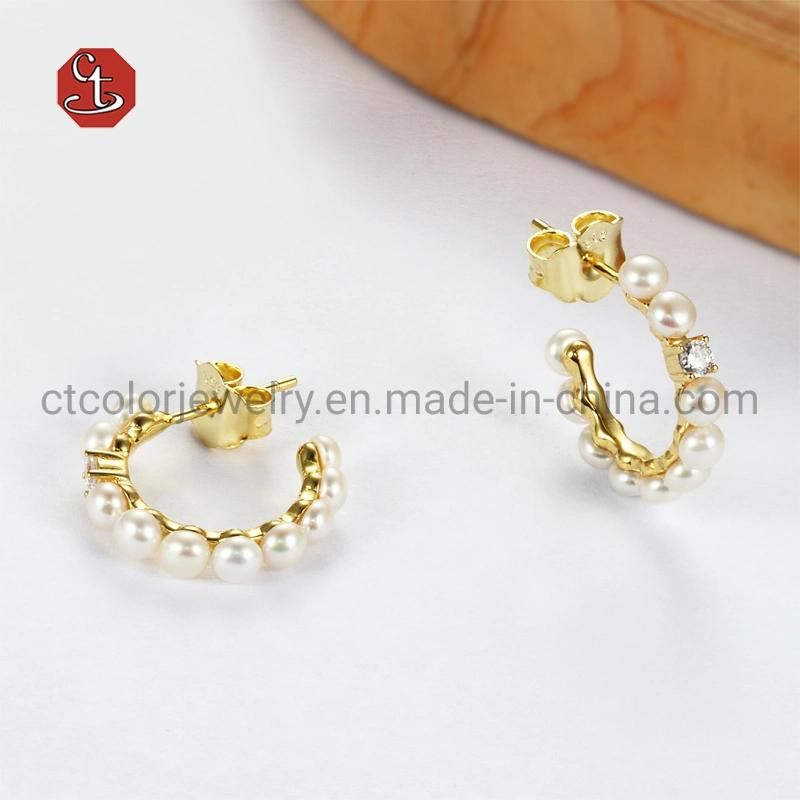 Fashion Jewellery 925 Silver and Brass Natural Pearl Earrings for Women