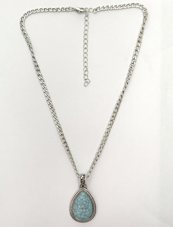Antique Silver Retro Style Fashion Statement Teardrop Dangles Bib Necklace with Flat Curb Chain for Women