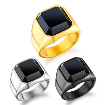 Stainless Steel Signet Ring with Black Square Stone, Perfect Gift for Mens Fashion Jewelry