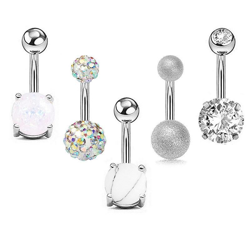 5PCS Belly Button Rings Stainless Steel 14G CZ Opal Navel Rings Barbells Studs Women Girls Body Piercing Jewelry (Silver, Rose gold)