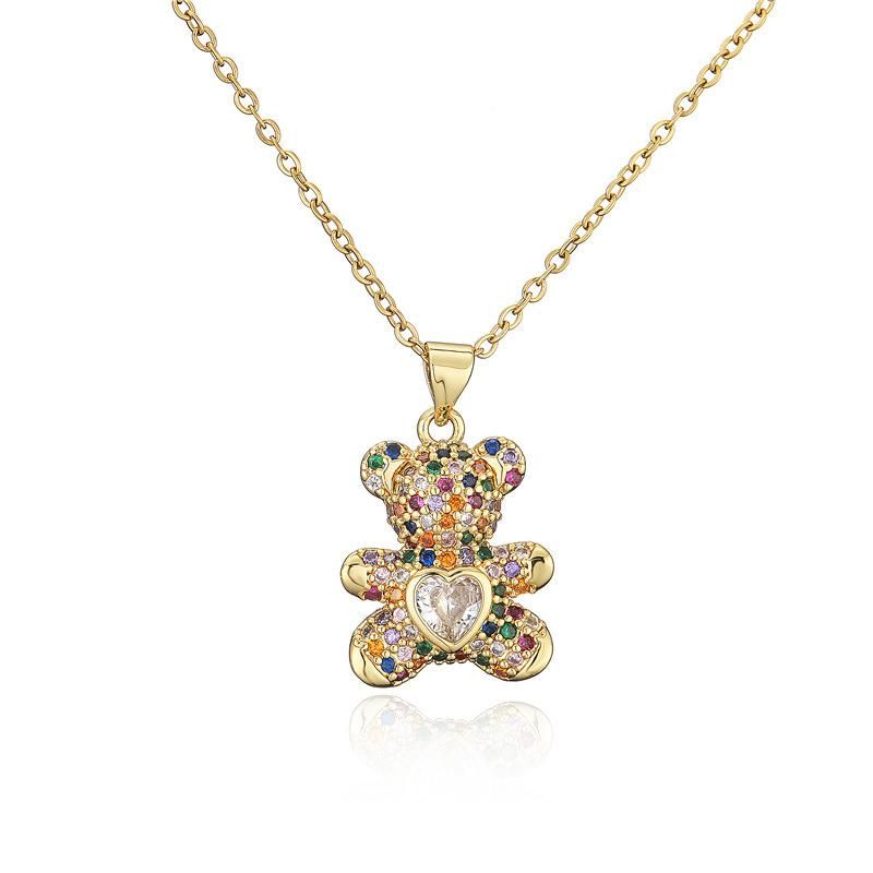 Fashion Brass Colorful Zircon Gold Plated Tophus Love Bear Necklace