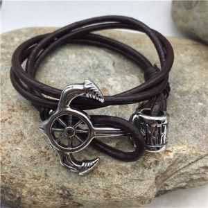 Stainless Steel Multi Brown String Leather Rope Anchor Wristband Bracelet