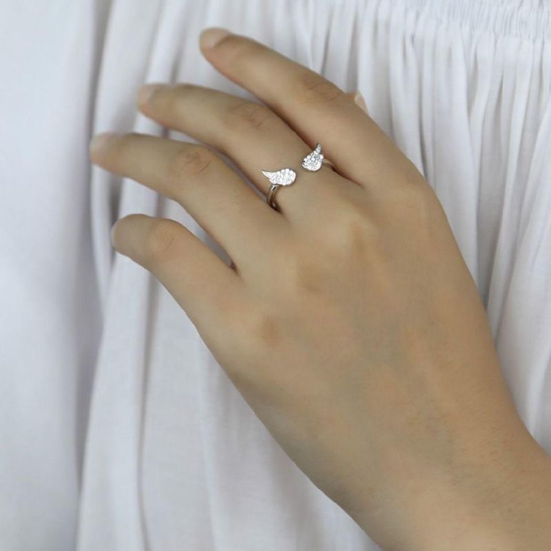 925 Sterling Silver Ring Zircon Angel Wings Adjustable Ring Women Engagement Wedding Fashion Jewelry