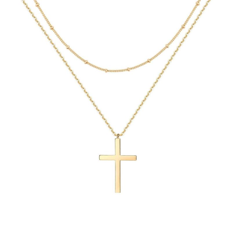 Trendy Custom Minimalist Classic Women Gifts 925 Sterling Silver 18K Gold Plated Cross Double Layered Pendant Necklace Jewelry