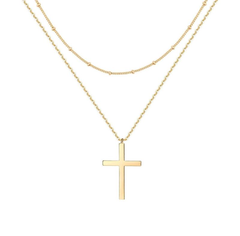 Trendy Custom Minimalist Classic Women Gifts 925 Sterling Silver 18K Gold Plated Cross Double Layered Pendant Necklace Jewelry