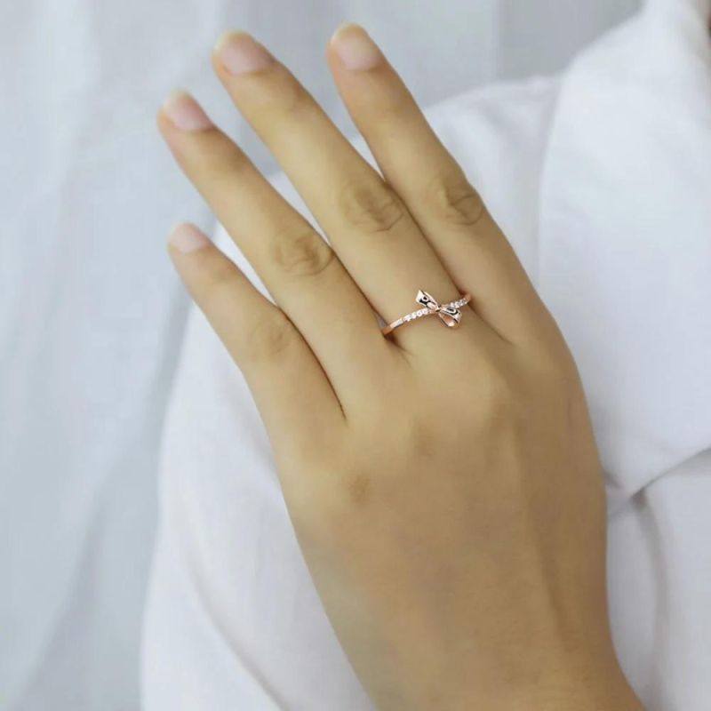 Real 925 Sterling Silver Ring Bowknot Zircon Exquisite Adjustable Ring Women Wedding Sweet Romantic Girl Jewelry