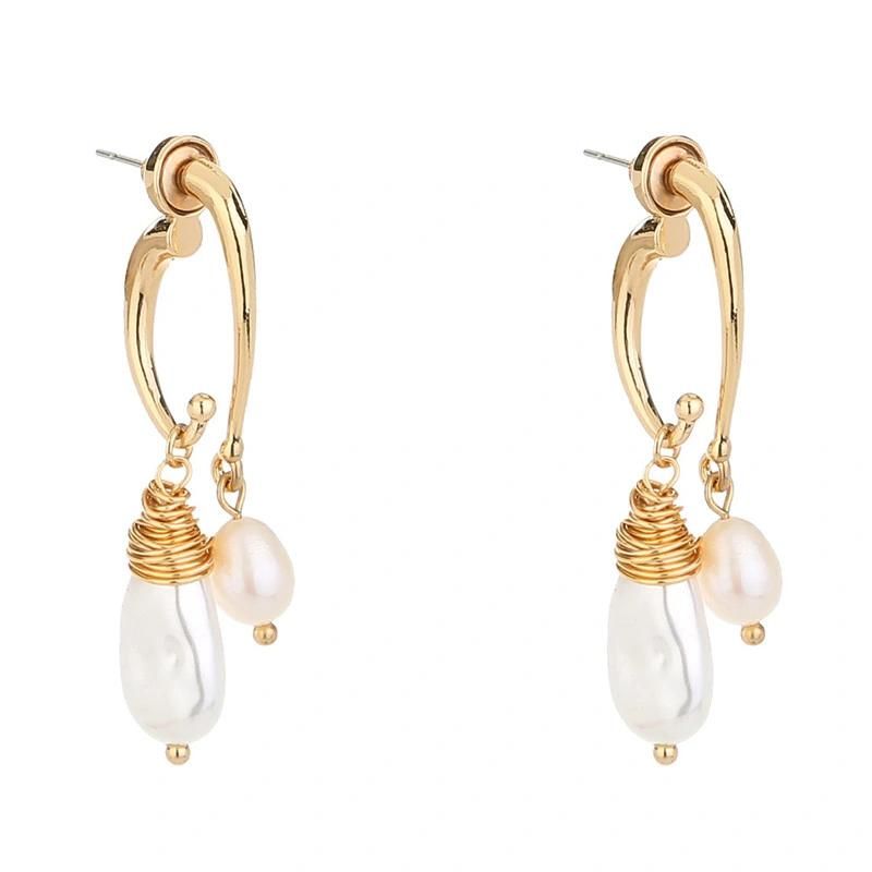 Factory Wholesale Casting Alloy Wrapping Irregular Shape Baroque Pearl Drop Stud Earrings for Women