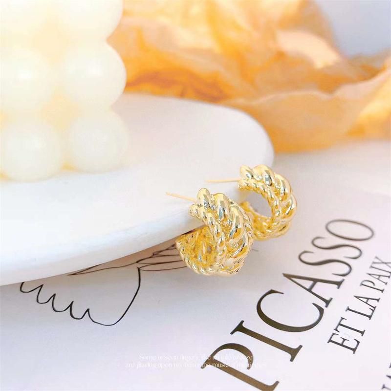 Manufacturer Custom Brass Braid Pattern C Stud Hoop Earrings in 18K Gold Twisted Double Sides Hoop Bijoux