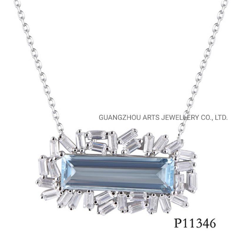 Baguette Cut Light Blue Stone Silver Personalized Necklace