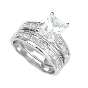 Princess Square CZ Wedding Engagement Band 2 Ring Women&prime;s Set