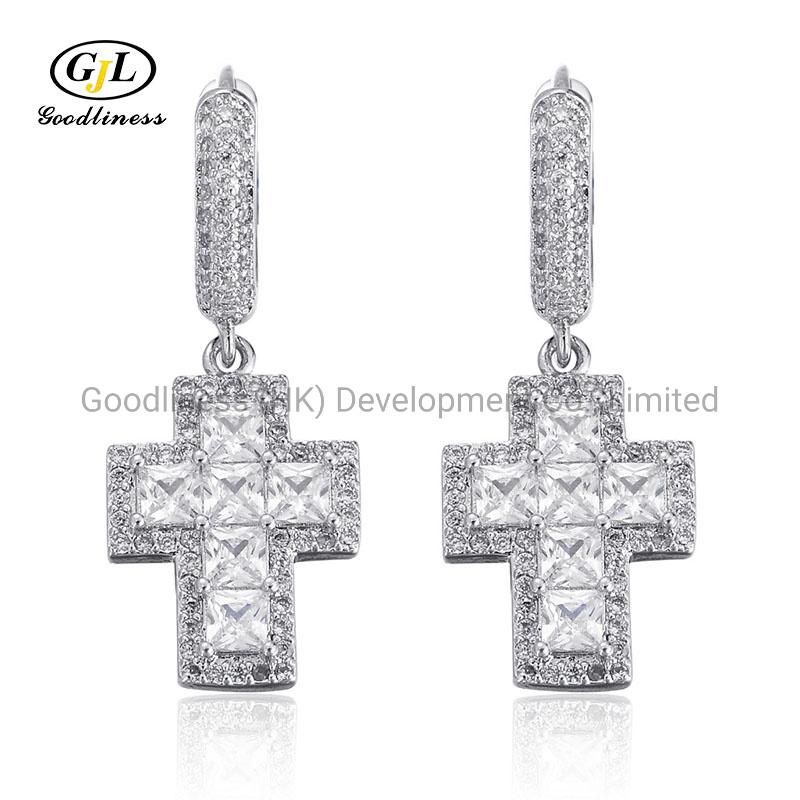 Wholesale Hip Hop Square Zirconia Micropanling Cross Eardrop Earring