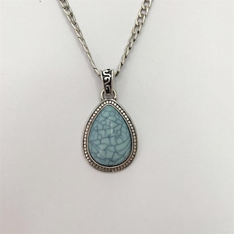 Antique Silver Retro Style Fashion Statement Teardrop Dangles Bib Necklace with Flat Curb Chain for Women