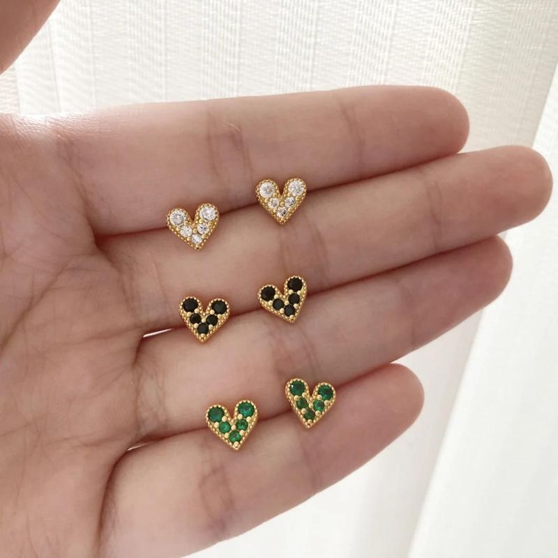 2022 Fashion Women 18K Gold Plated White Black Green Colorful CZ Zircon Heart Stud Earrings 925 Sterling Silver Custom Jewelry