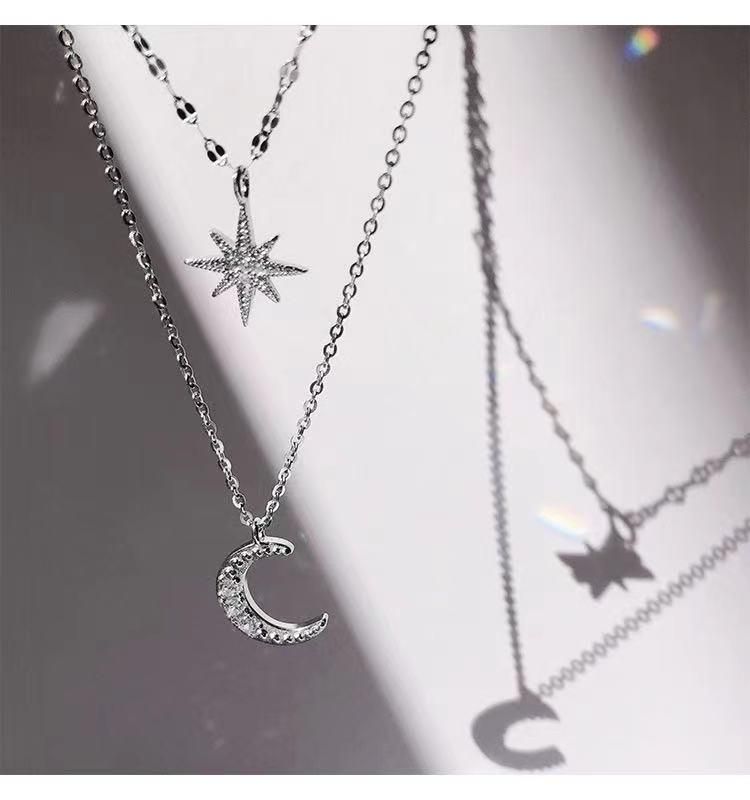 Simple Star Moon Double Necklace Flash Crystal Niche Clavicle Chain Pendant Necklace