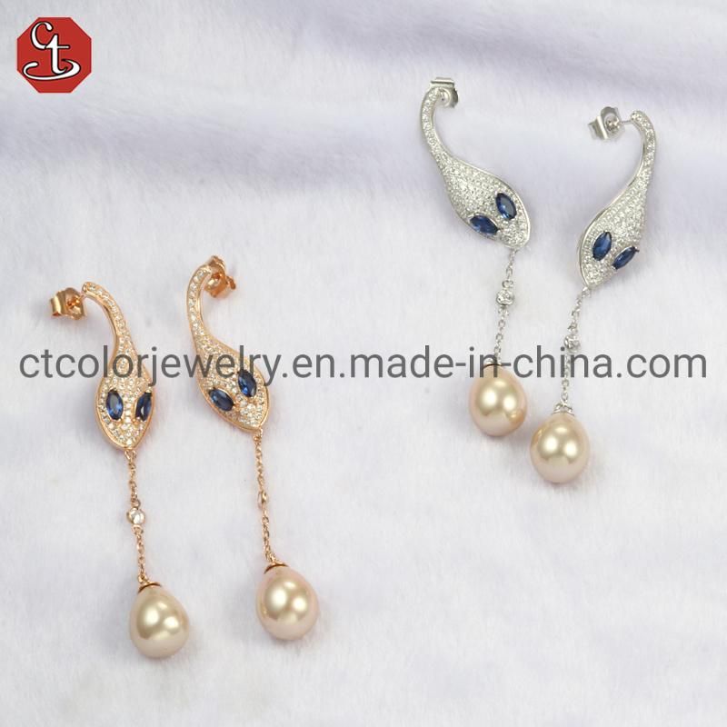 925 Sterling Silver or Brass Fine Jewelry Blue Crystal Pearl Earrings for Women