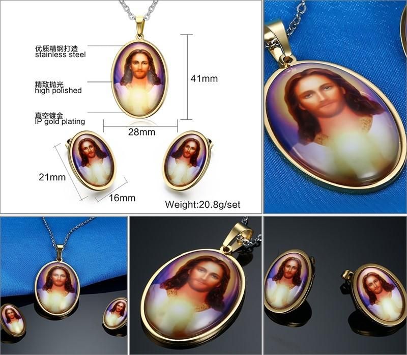 Customized Jesus Necklace Enamel Print Stud Earring Jewelry Set