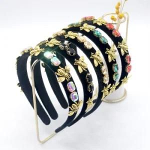 Wholesale Bee Decorated Colorful Rhinestone Hair Band Girls Gold Velvet Glass Drill Glitter Rhinestone Designer Bee Headband