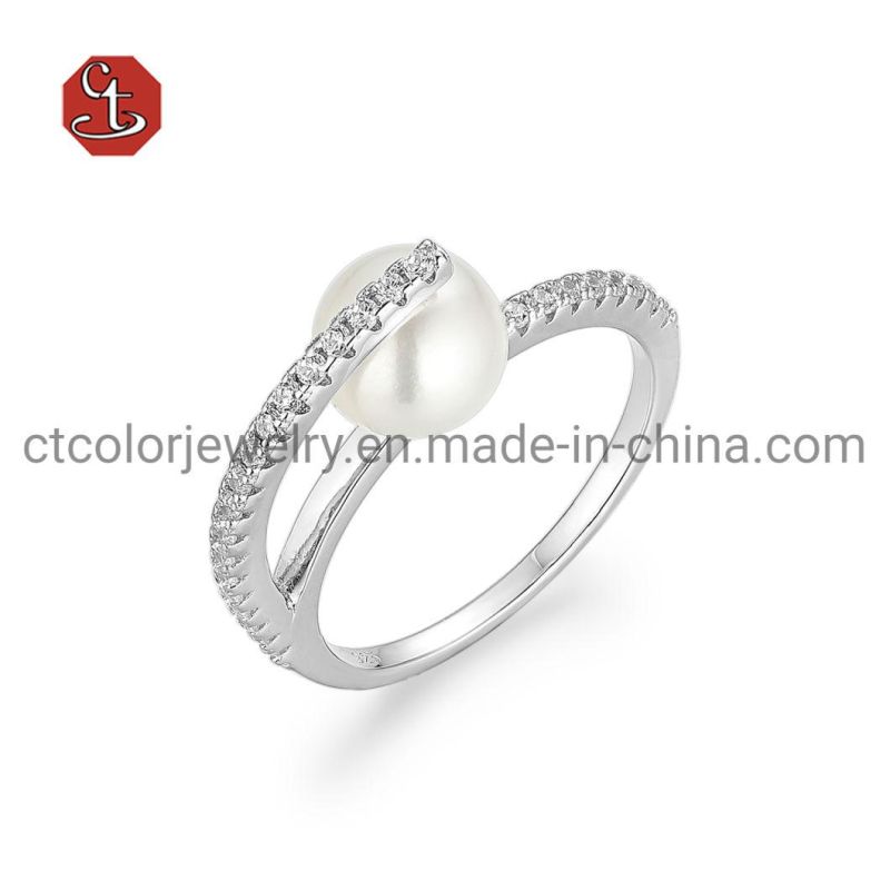 Fashion Freshwater Pearl Silver Rings Engagement Ring with CZ Jewelry for Women