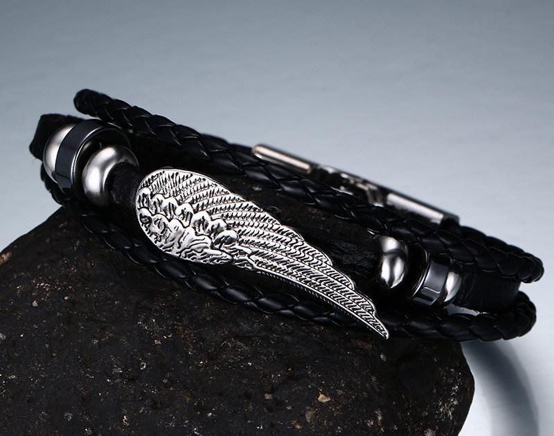 Promotion Gift Feather Black Leather Bracelet Fashion Jewelry