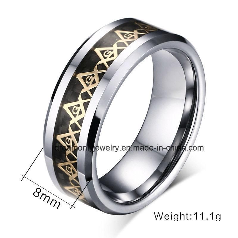 New Arrival Masonic Jewelry All Black 8mm Tungsten Ring Carbon Fiber Inlay