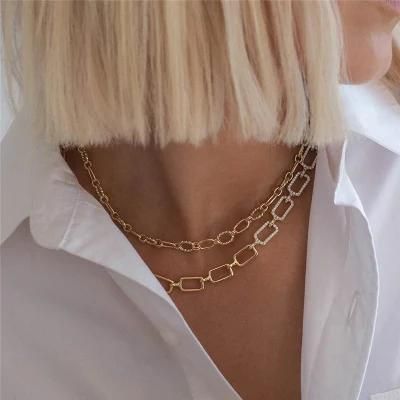 European Luxury Statement Square Cuban Heavy Link Chain Necklace for Women and Men Half Smooth Half with Crystal Glass