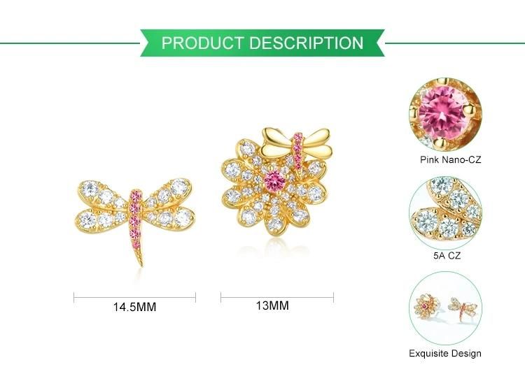 Wholesale Fashion Fancy Antique Silver Asymmetrical Earrings Female Summer Autumn Sweet Dragonfly Insect Stud Earrings