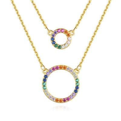 Double Layer Necklace with Cubic Zircon Clavicle Chain Round Pendant