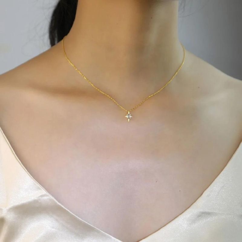 925 Sterling Silver Pendant Star with Blue Oval Zircon Gold Plated Necklace for Women Fashion Jewelry