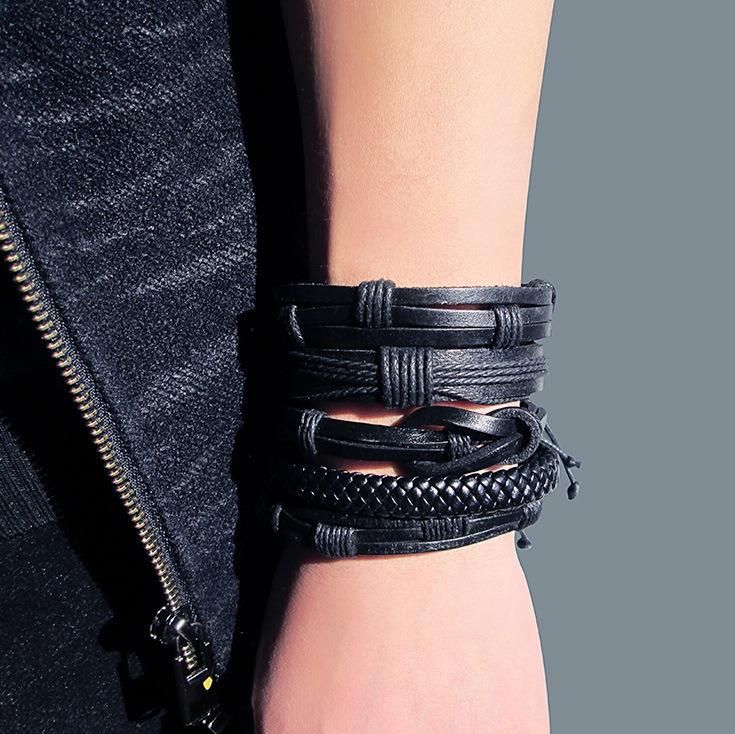 Europe and America Simple Retro 5 Pieces Bracelet DIY Woven Cowhide Bracelet Punk Bracelet Men′ S Hemp Rope Leather Bracelet