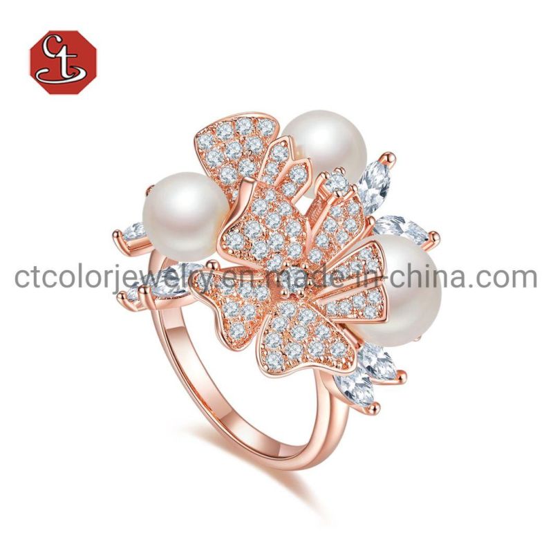 Elegant Flower Pendant AAA Zirconia Natural Pearl Necklace Rose Plating Silver Necklace